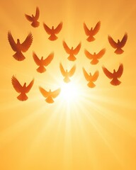 Flock of Doves Flying Into Golden Sunlight Rays Against Orange Sky Symbolizing Peace Harmony and Freedom At Sunset