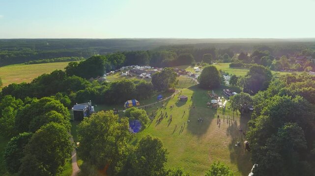 Aerial view of Kernave Archaeological site, a medieval capital of the Grand Duchy of Lithuania, UNESCO World Heritage Site. Reconstructed medieval village. Annual Festival of Experimental Archaeology.
