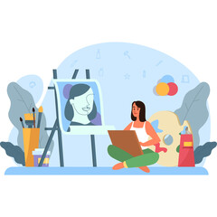 Young Woman Artist Painting Portrait on Easel with Palette and Brushes in a Bright Studio Setting