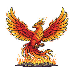Fototapeta premium A majestic phoenix with fiery orange and red wings rises from a pile of flames and smoldering ashes vector illustration.