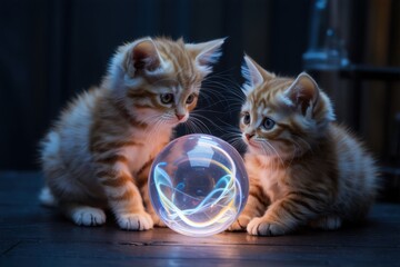 Two curious kittens gazing at a mystical glowing orb with wonder and fascination