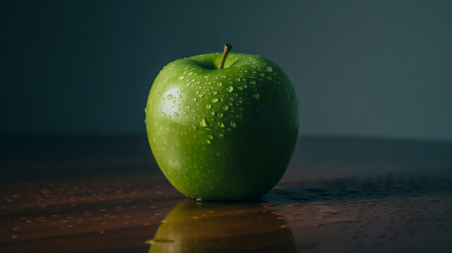 A single bright green apple with water droplets rests on a wet wooden surface fruit fresh - Powered by Adobe