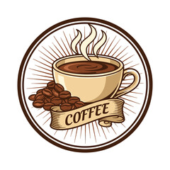 Obraz premium A steaming cup of hot coffee is featured in a vintage-style circular emblem with roasted beans and a banner vector illustration.