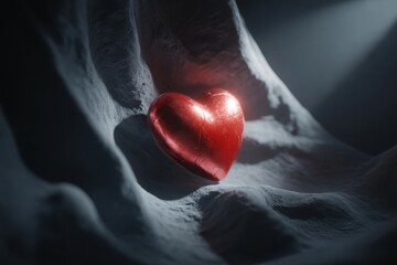 Intricate red heart shape held gently by delicate hands in dramatic lighting