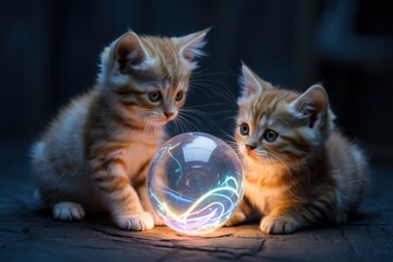 Two adorable kittens gazing intently at a mystical glowing crystal ball