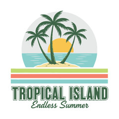Fototapeta premium A serene tropical island with palm trees and the sun is depicted in a retro design for an endless summer vector illustration.
