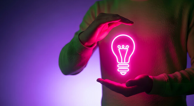 Person holding a glowing light bulb with hands in front of a purple and pink gradient background - Powered by Adobe