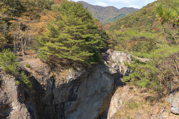 日本：鬼怒川の龍王峡／むささび橋から見る断崖／栃木県日光市・10月