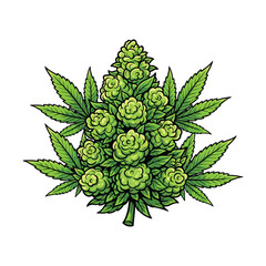 A vibrant green cannabis bud is shown in detail, surrounded by its iconic leaves on a clean background vector illustration.