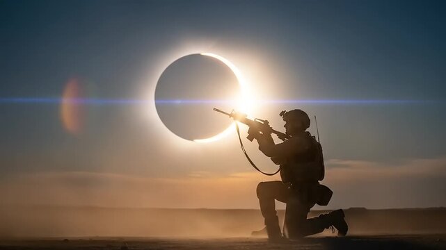 Soldier Silhouette Against Solar Eclipse - A Powerful Image of Strength.