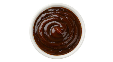 Glossy Barbecue Sauce Swirl in a White Ceramic Bowl, Top-Down View