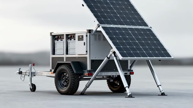 Medium shot of a mobile solar battery storage unit mounted on a utility trailer emphasizing flexibility and portability for offgrid energy solutions.
