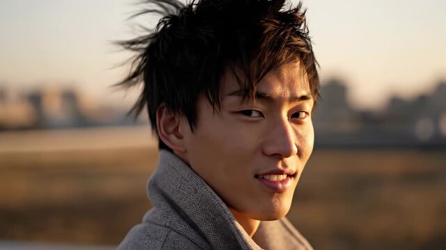 Young Asian man enjoying the golden hour outdoors, with wind blowing through his hair.