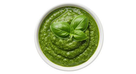 Obraz premium Vibrant Pesto Sauce in White Bowl Topped with Fresh Basil Leaves