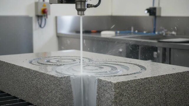 Medium shot of highpressure water jet cutting through thick stone showcasing precise control of pressure for detailed sculpting and smooth edges.