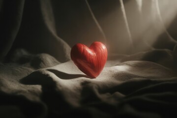 A single red bell pepper illuminated by soft light on a textured fabric surface
