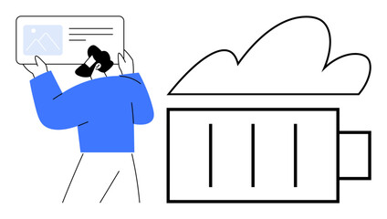 Man holding digital content, battery icon interconnected with cloud outline. Ideal for technology, energy, cloud computing, innovation, digital storage, data management, simple flat metaphor