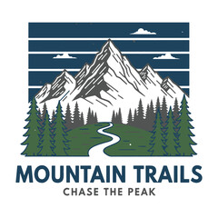 A majestic mountain range with a winding trail and pine forest, a vintage adventure badge design vector illustration. © Vectonic Wave