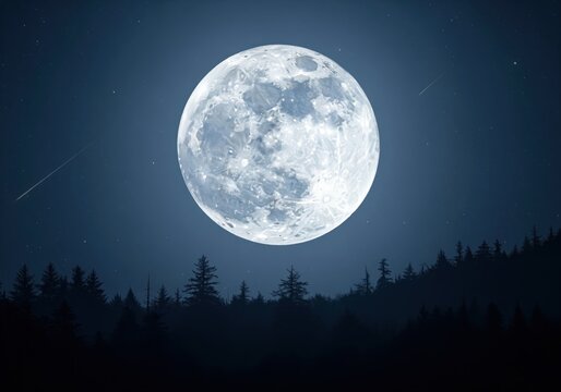 Brilliant supermoon dominates the dark night sky above a mysterious pine forest silhouette