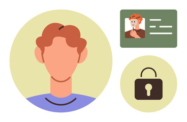 Faceless person portrait, ID card with photo and details, and lock icon indicating privacy. Ideal for security, authentication, privacy, identity, account protection, data safety simple flat