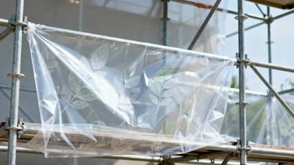 Medium shot focused on transparent biodegradable scaffold sheeting wrapping scaffolding showcasing clarity and subtle leaf pattern with soft natural light