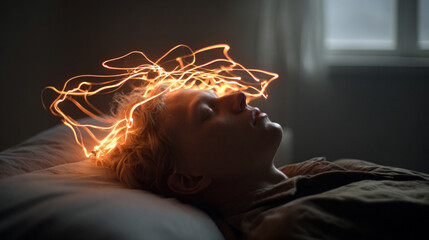 A sleeping head with floating, glowing ideas swirling above, visualizing creativity, imagination, and inspiration in a dreamy, ethereal, hyperrealistic style.