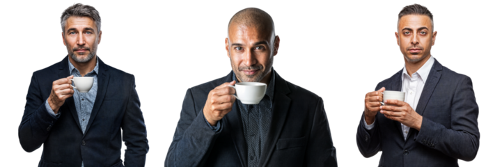 Set of businessmen holding coffee cups, isolated on transparent background