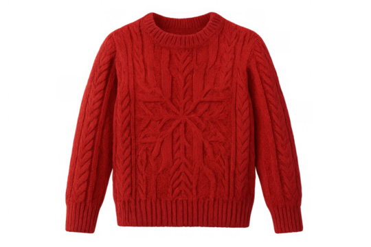 Red cable knit sweater with snowflake pattern for christmas, winter fashion, warm holidays clothing on transparent background