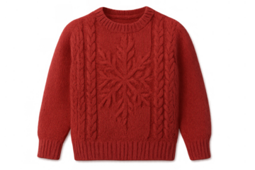 Red knitted wool sweater presenting a snowflake and cable knit pattern. Warm winter clothing for cold weather, transparent background
