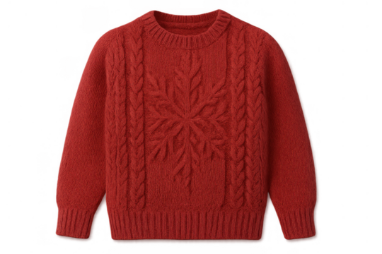 Red knitted wool sweater presenting a snowflake and cable knit pattern. Warm winter clothing for cold weather, transparent background