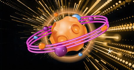 Fototapeta premium Floating orange sphere with pink rings and orbiting orbs in space radiating golden dotted particles