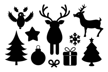Fototapeta premium Deer with pine trees and forest scenery and ball silhouette vector, bird and star white background