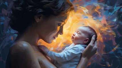 A mother lovingly cradles her sleeping newborn in her arms, illuminated by a warm, golden light