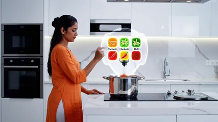 A modern Indian woman interacting with futuristic technology interface in her smart home kitchen showcasing digital transformation and innovative lifestyle in India - Powered by Adobe
