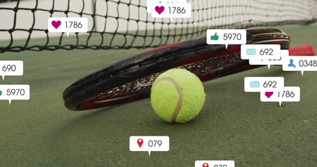 Displaying tennis racket and ball on green court beside net, with social media notification icons © vectorfusionart