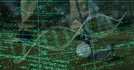 Floating teal DNA double helix hovering above grassy ground with glassware molecules and code lines