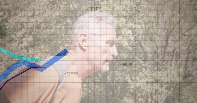 Senior athlete wearing sleeveless top preparing for run in woods, with grid overlay numeric labels