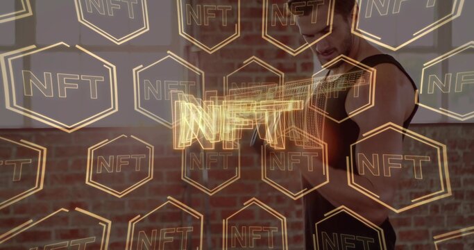 Lifting male wearing tank top doing bicep curl, gripping dumbbell in gym, with NFT hexagon graphics - Powered by Adobe