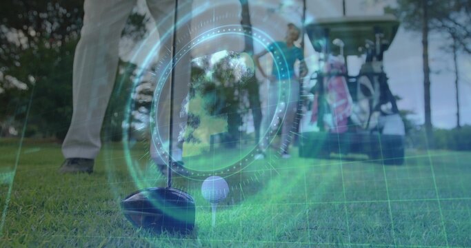 Featuring golf club driver head hovering behind ball on tee on fairway, hologram globe grid overlay
