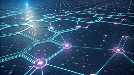 Futuristic glowing network connecting data points, showing digital transformation and innovative technology solutions for advanced business applications and global connectivity