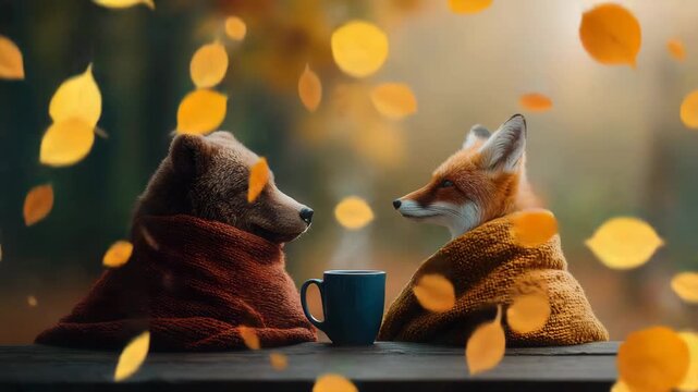 Bear and fox enjoying hot tea together wrapped in blankets, a cozy autumn moment between unlikely friends in a whimsical forest setting