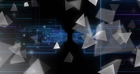 Glowing blue clusters pulsing around central gap in data stream, with triangular shards neon-traces