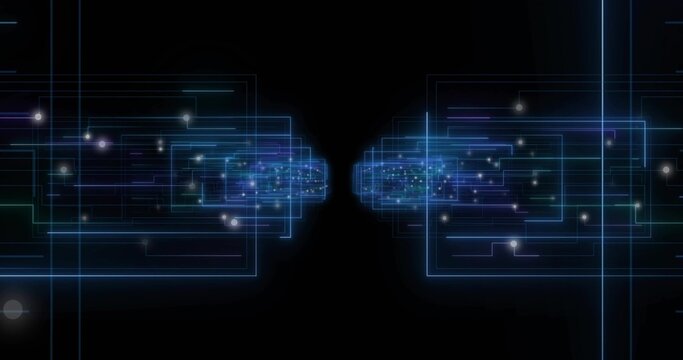 Pulsing paired data nodes flowing toward center in digital network, with nested neon-blue frames - Powered by Adobe
