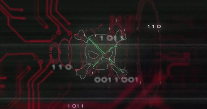 Displaying centered skull-and-crossbones pulsing on corrupt screen, showing neon green X and binary