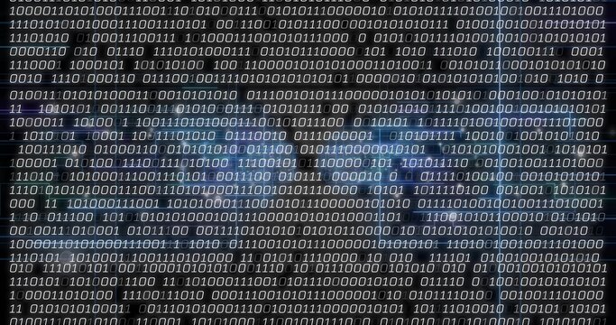 Scrolling binary digits pattern covering digital display, showing grid lines and bluish streaks
