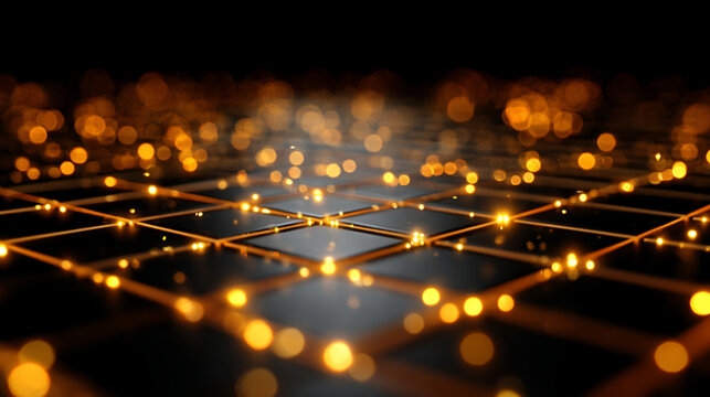 A floating grid suspended in space with glowing highlights, emphasizing futuristic structure, digital aesthetics, and ethereal luminosity in a hyperrealistic style.