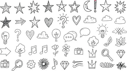 Doodle icon set with various symbols and shapes featuring stars hearts flowers clouds and objects drawn in black outline style on white background perfect for creative designs