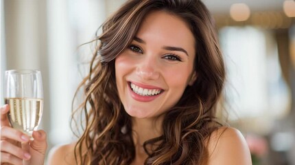 Portrait of a smiling woman holding a champagne flute with a blurred background indoors setting shown - Powered by Adobe
