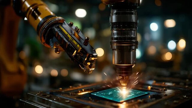 Robotic arm delicately working on circuit board with laser precision for cutting-edge technology, modern manufacturing and engineering applications