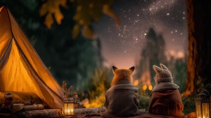 Magical camping adventure under the stars with a fox and rabbit enjoying the beautiful night sky, glowing tent and lantern adding warmth to the scene - Powered by Adobe